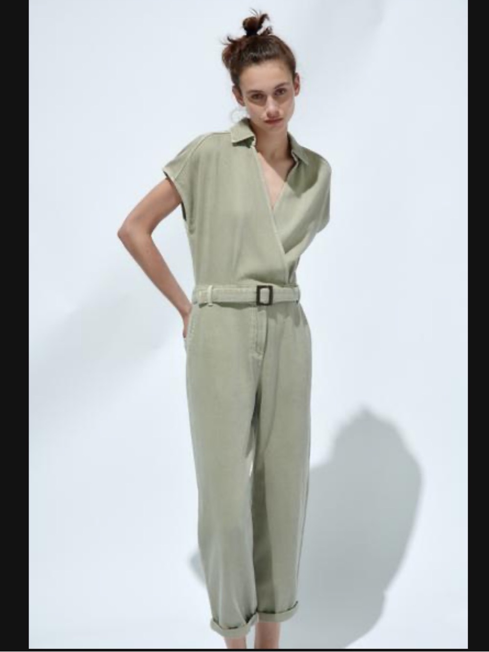 Zara Light Olive Wrap Denim Jumpsuit with Belt Size Medium